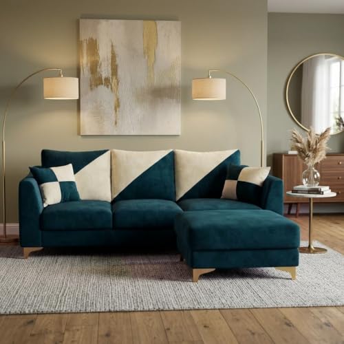 Image of Juliet Rich 4 Seater L Shape Sofa Set with Movable Ottomans | Flexible Layout | Velvet Suede Fabric | Golden Aesthetic Legs | Modern Sofa for Living Room (Greenish Teal)