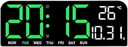Grande relógio digital LED com data, semana, temperatura, moderno, grande display LED, alarme alto para loja, garagem, academia, sala de estudo, Verde