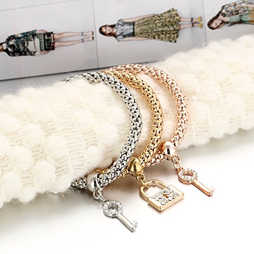 3Pcs/Set Multilayer Stretch Bracelet Butterfly Heart Key Lock Crown Charms Bangles Bracelet Crystal Charms Bracelet Gold/Silver/Rose Gold Corn Chain Multilayer Bracelets for Women4