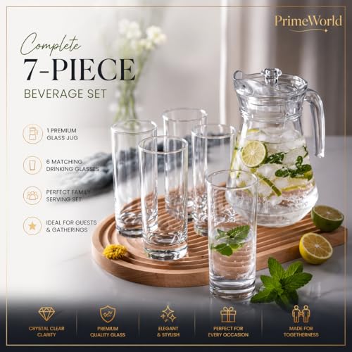 Image of PrimeWorld Premium 7 pcs Set of Water Jug and Glasses Set of 6 Pcs and Jug Set - Glasses 300ML, Jug 1.3 Liter, for Dining Table, Juice, Iced Tea, Milk, Cold Brew Coffee, Lemonade - Fridge Storage