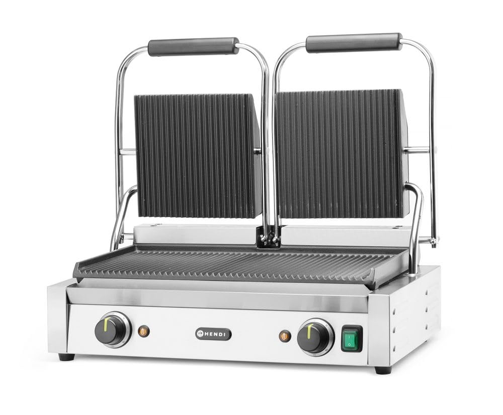 HENDI Piastra Elettrica a Contatto Doppia, Grill/Griglia Panini Professionale, Piastre Rigata in Ghisa Smaltata, 230V, 3600W, 570x375x(H)216mm, Acciaio Inox