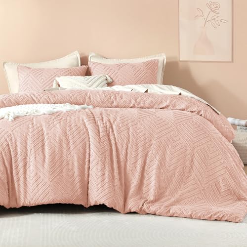 Image of Litanika Blush Full Comforter Set, 3 Pieces Pink Tufted Boho Farmhouse Bedding Comforter Sets, Lightweight Fluffy Comforter Bed Set for All Season (79x90In Comforter and 2 Pillowcases)