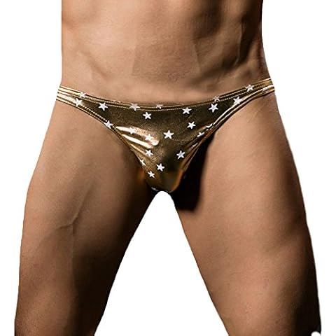 Tenchif Men's Shiny Bikini Briefs T-Back Thong Underwear Swimwear Gold Cover