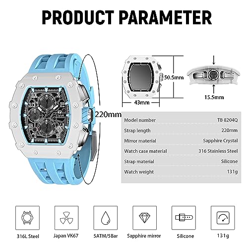 Image of TSAR BOMBA Mens Luxury Watch Watches for Men 50M Waterproof Japanese Quartz Movement Tonneau Stainless Steel Case Sapphire Glass with Chronograph Date Function Cool Unique Fashion Gift