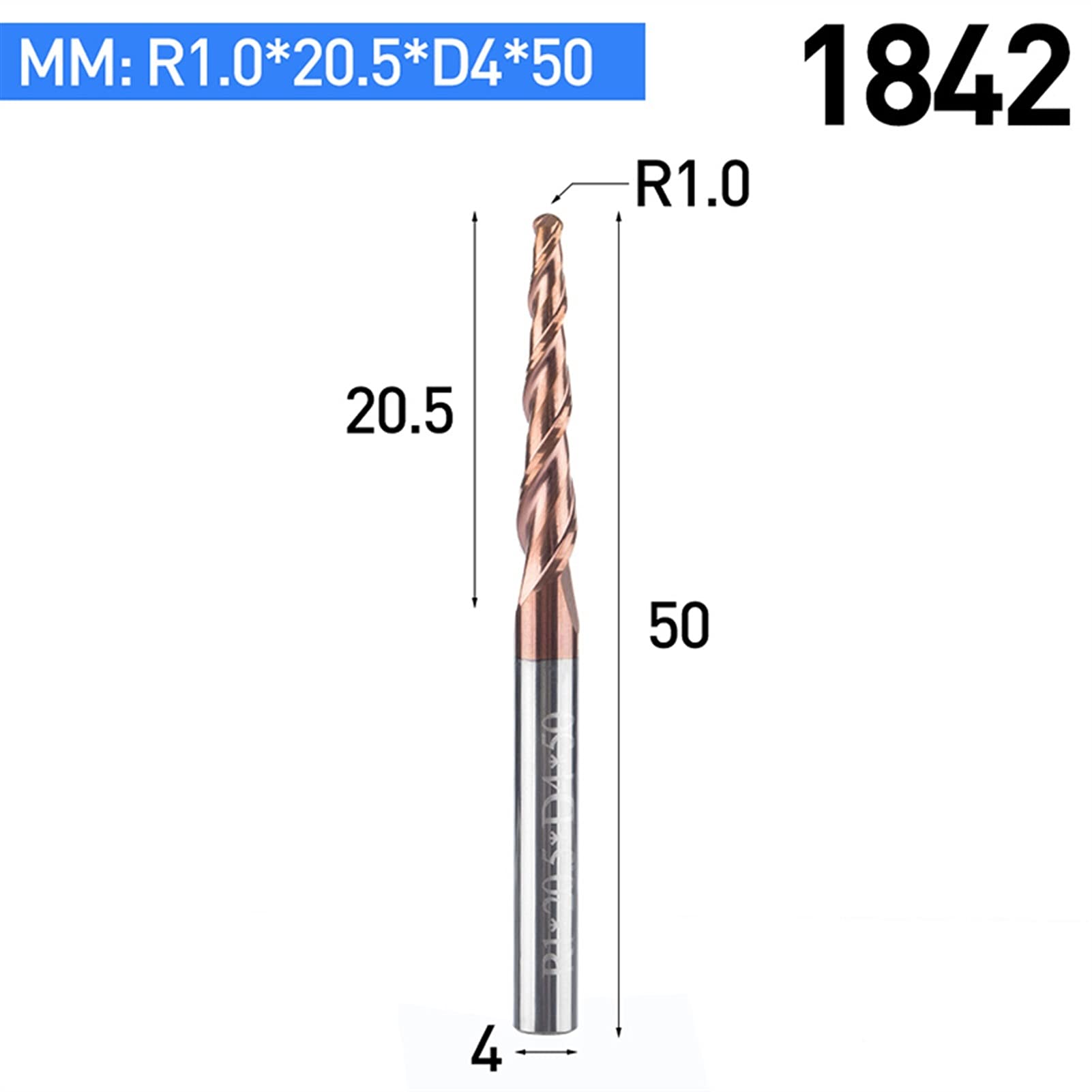 SUOFEILAIMU-PHONE CASE Metal HRC55 Tapered Ball Nose End Mill Tungsten Solid Carbide Coated Taper Cone CNC Milling Cutter D4-D10mm Engraving Bit (Cutting Edge Length : 1842)