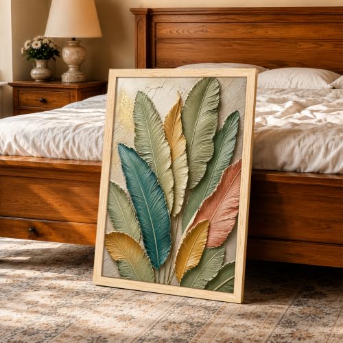 Image of PAINTINGMANTRA Textured Embossed Leaf Framed Wall Art Painting for Wall Decoration, Multi-Color Feather & Leaf Motifs Poster with frame for Living room, bedroom, Home and office, 10x13 Inch