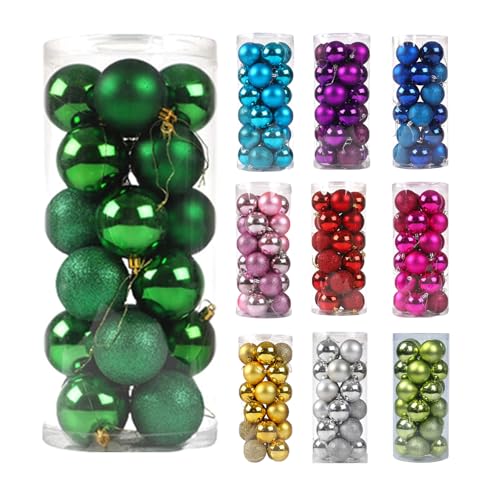 Lot de 24 boules de Noël, 3 cm, en plastique incassable, décoration de sapin de Noël pour l’intérieur ou l’extérieur, mat, brillante, pailletée (Vert)