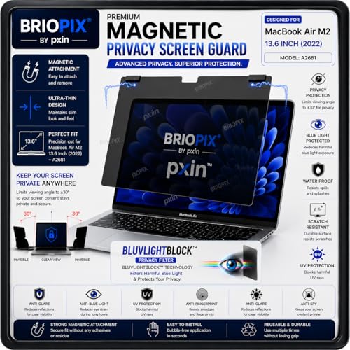 Image of Pxin Briopix Magnetic Privacy Screen compatible with 13.6 Inch Mac book Air | Anti Blue | Anti Glare | UV (A /B /C) Block | Nano Privacy Filter
