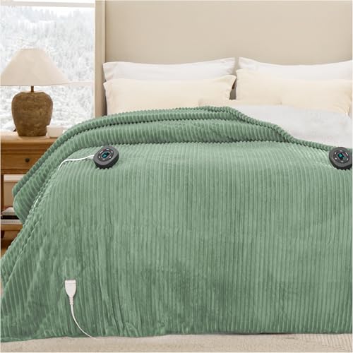Image of Bedsure GentleSoft Electric Blanket Queen Size - Soft Ribbed Flannel Heated Blanket with Dual Control, Heating with 10 Heat Settings & 10 Time Settings, 8 hrs Timer Auto Shut Off (84x90 inches, Green)