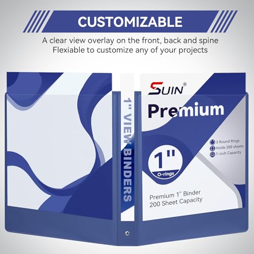 Image of SUIN 1 Inch 3 Ring Binder, Clear 1'' View Presentation Binders with 2 Pockets, Fits 8.5 x 11 Letter Size, Durable Polypropylene, Non-Stick & PVC-Free for School, Office & Home (Navy Blue)