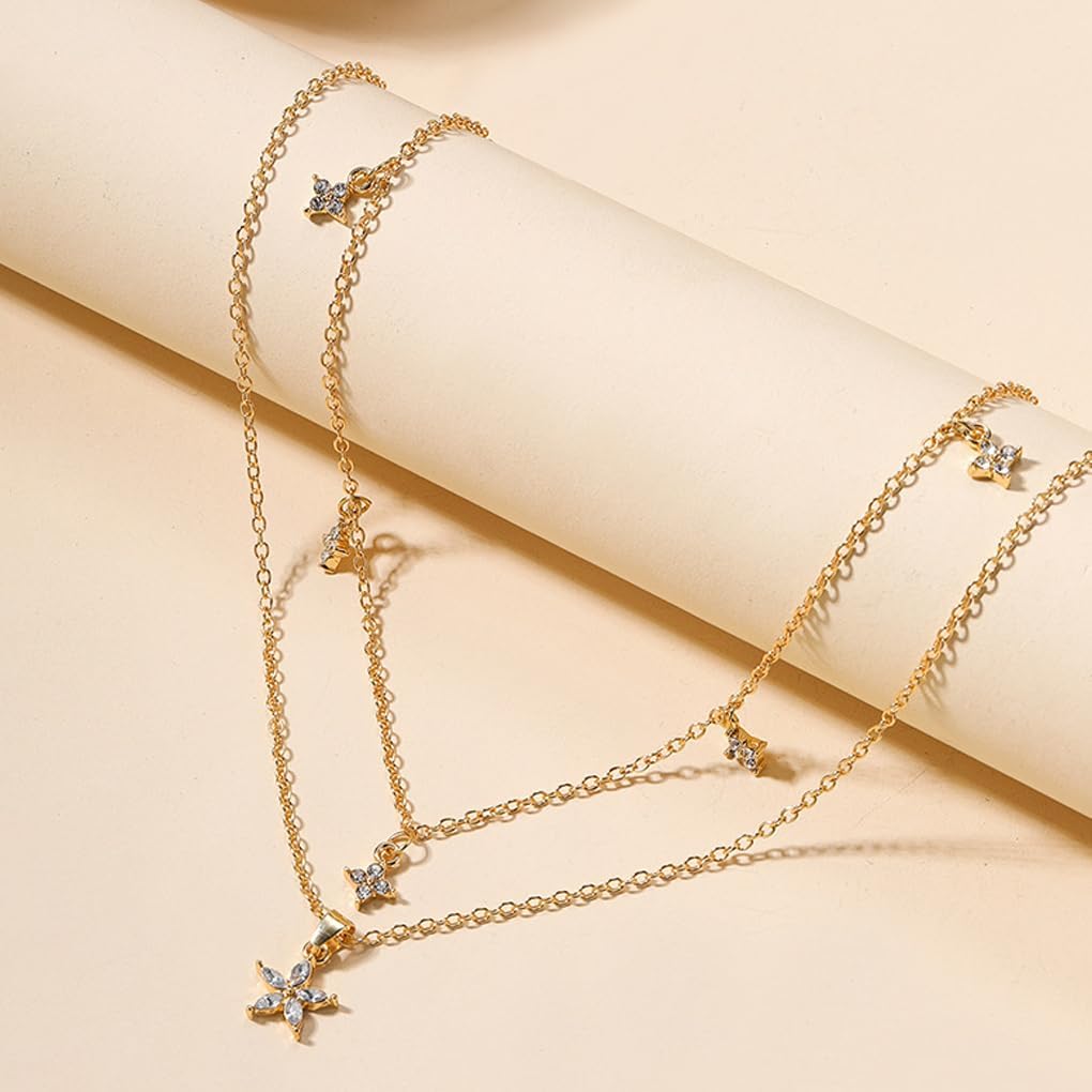 GIGB PBDK Dainty Gold Rhinestone Choker Necklace for Women,Sparkly Zirconia Flower Pendant Adjustable Thin Chain Layered Necklaces,Trendy Wedding Jewelry Gifts - Image 4