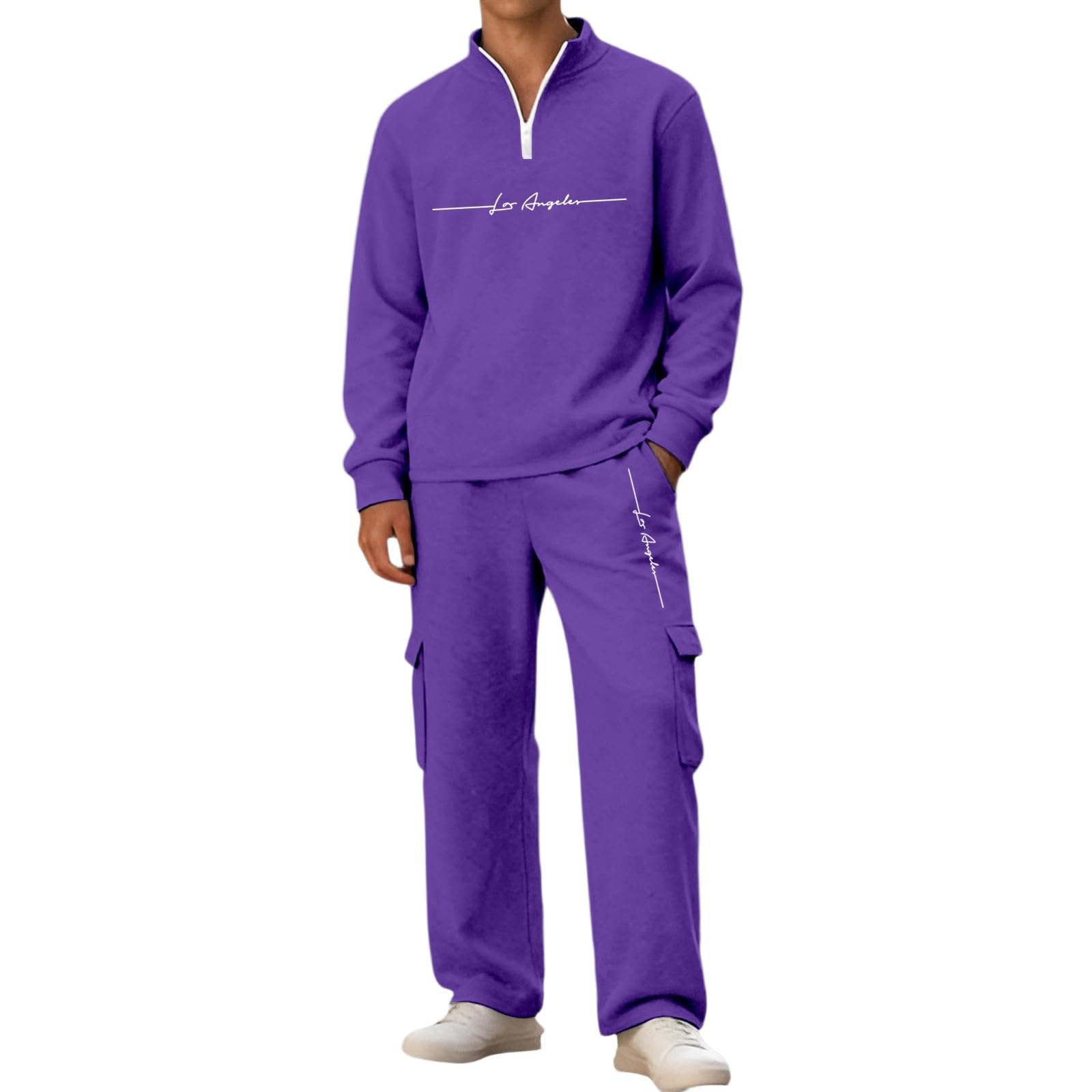 Tuta da jogging da uomo, lunga, baggy, set da 2 pezzi, con felpa e pantaloni cargo, con stampa, alla moda, casual, casual, per il tempo libero, per l'autunno