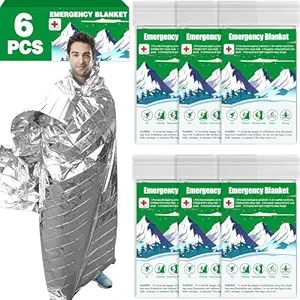 CXYARY 6 Pack Emergency Thermal Blanket Survival, 84 x 52 Mylar Blanket, Space Blanket, Silver Foil Blanket, Survival Kit Camping Blanket, Body Warmer Blanket for Outdoor, First Aid, Hiking