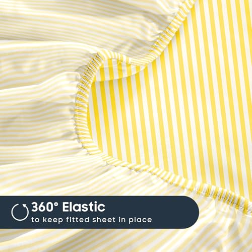 Image of Wake In Cloud - Striped Bed Sheets, 4-Piece Sheet Set, Ticking Vertical Pin Stripe Modern Farmhouse Pattern Printed Bedding, Deep Pocket, Yellow, Full Size