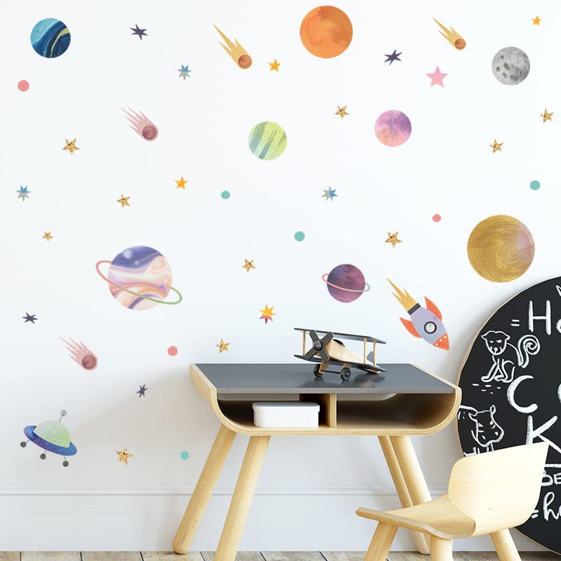 Image of Space Adventure Fun Learning Educational Wall Stickers for Kids Baby Peel and Stick Wall Stickers for Kids Room Bedroom Playroom Nursery Living Room Decor Wall Art Wall Decoration Boho,90X1 cm