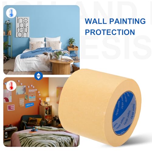 Image of PATIKIL Painters Tape 4 Inch x 55 Yards, Adhesive Masking Tape Light Yellow Paint Tapes for Wall Painting DIY Artist Craft Arts Decoration Labeling