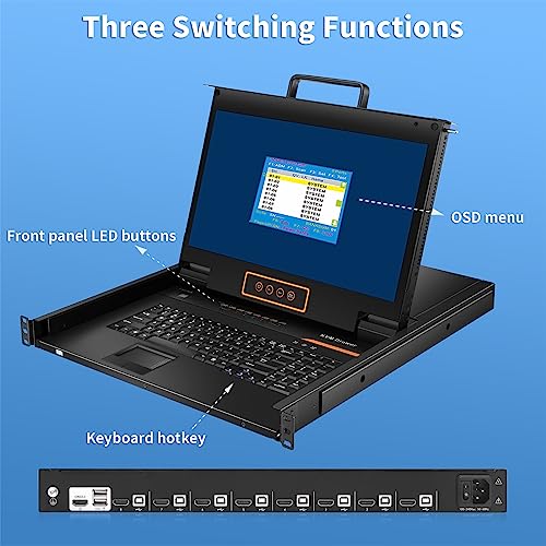 Image of 8 Port HDMI Rack Mount KVM Console 17.3-Inch 1080P with KVM Cables, Standard 1U Height KVM Switch Drawer+ Rackmount Monitor+ Keyboard+Touchpad, OSD /Hotkey /Button Switching, Fits 19'' Rack
