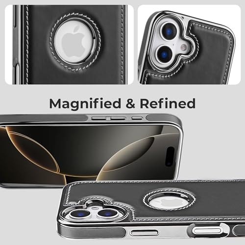 Image of PULOKA Chrome Leather Back Case - Compatible with iPhone 16 - Luxury Bumper Case - Flexible Vegan Leather - Electroplated Sides & Logocut - Full Camera Protetection & Raised Edges - Black