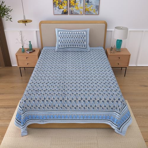 Image of 100% Cotton Single Bedsheet with 1 Pillow Cover | 240 TC Pure Cotton Flat Bed Sheet | Traditional Jaipuri Printed Bedding Set | Soft & Breathable | 60 x 90 Inch (Rangmahal Single 17)