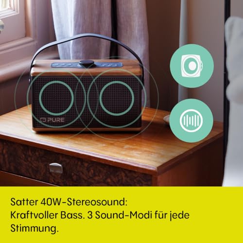 Pure Classic Aura Bluetooth-Lautsprecher 40 Watt, 30h Akku, Licht, USB-C, AUX, IPX2, 2-Wege-Stereo, EQ-Modi – Kaffeebraun mit Walnuss, Holzoptik