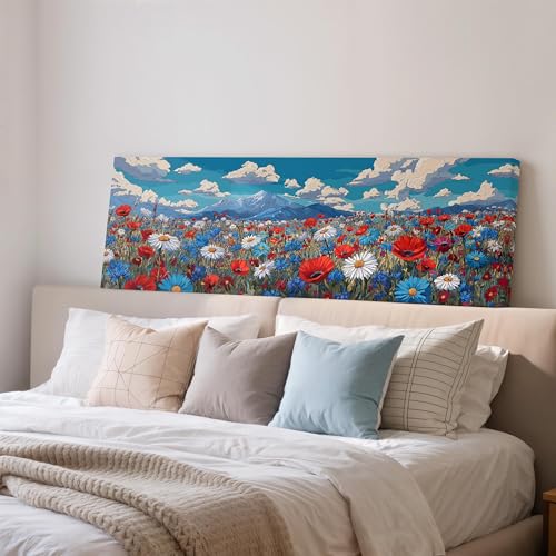 Toile panoramique champ de fleurs et animaux décor prairie rouge grand tableau encadré 50x150 cm