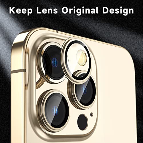 Fewdew For Iphone 14 Pro Max/Iphone 14 Pro Camera Lens Protector, [All Case Friendly][Keep Lens Original Design] 9H Tempered Glass Metal Individual Ring Camera Screen Protector Cover,Gold #TOP3