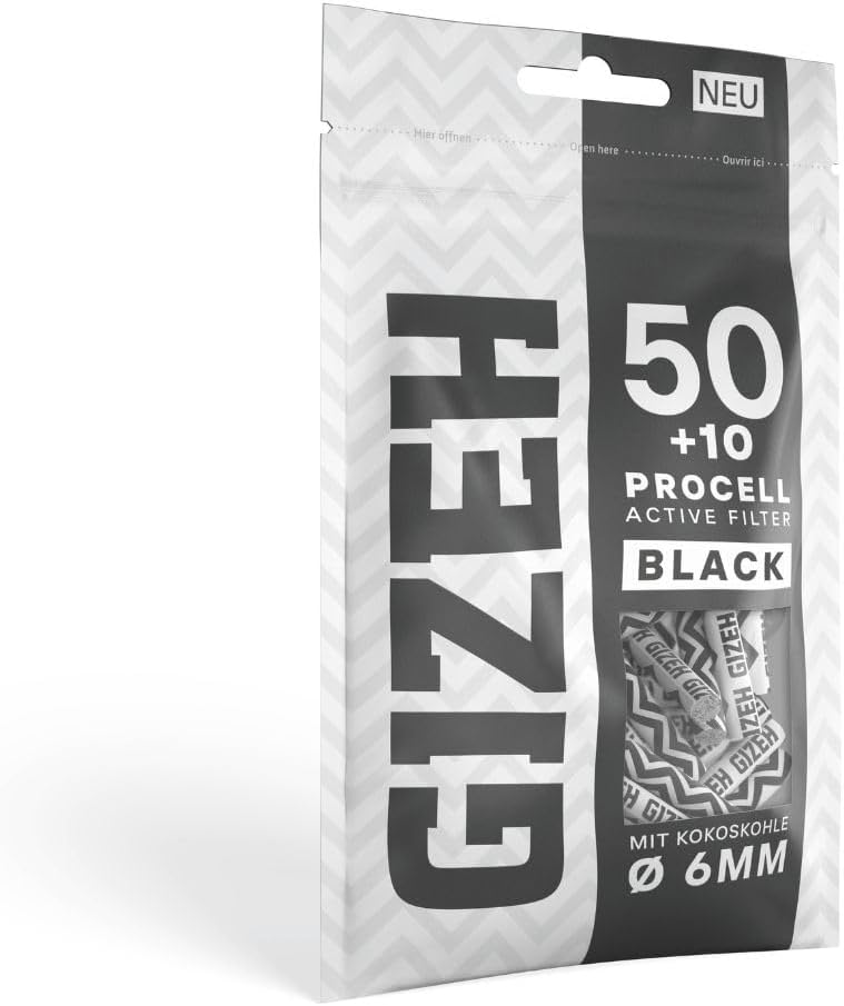 GIZEH ProCell Black Active Filter - Activated Carbon Filter Slim 6 mm Diameter with Innovative Paper Caps - Filter with 27 mm Length in 50 + 10 Bags