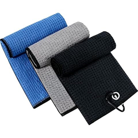 Xgunion 3 Pack Tri-fold Golf Towel for Golf Bags with Carabiner Clip, Premium Microfiber Waffle Pattern Golf Towel for Men Women (Black/Gray/Blue) Cover