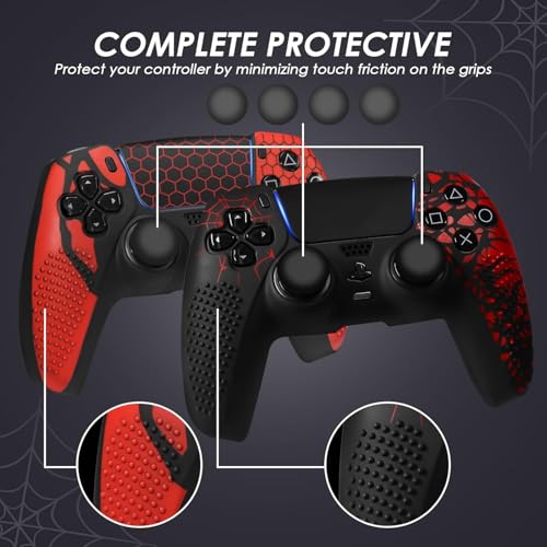 Image of Meyaar Anti-Slip Silicone Cover for PS5 Controller with Thumb Grip Caps & Touchpad Sticker Made for PS5 Controller Only. (Bloodline Black + Honeycomb (2 Pack))
