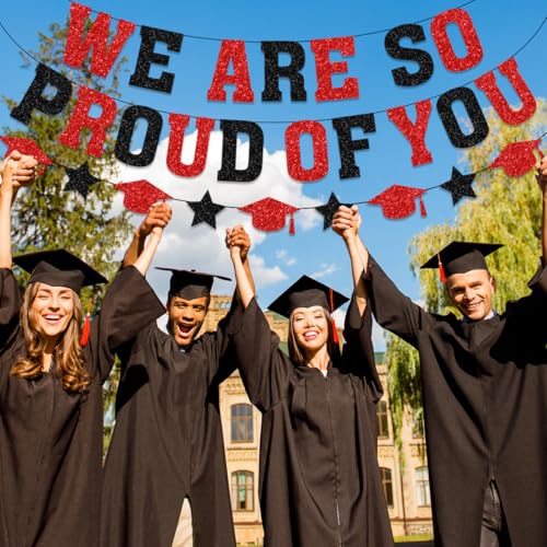 Image of Graduation Decorations 2026 - Red Congrats Grad Party Supplies Include Glitter We are So Proud of You Banner, Hanging Swirls and Honeycomb Centerpieces for Photo Toppers