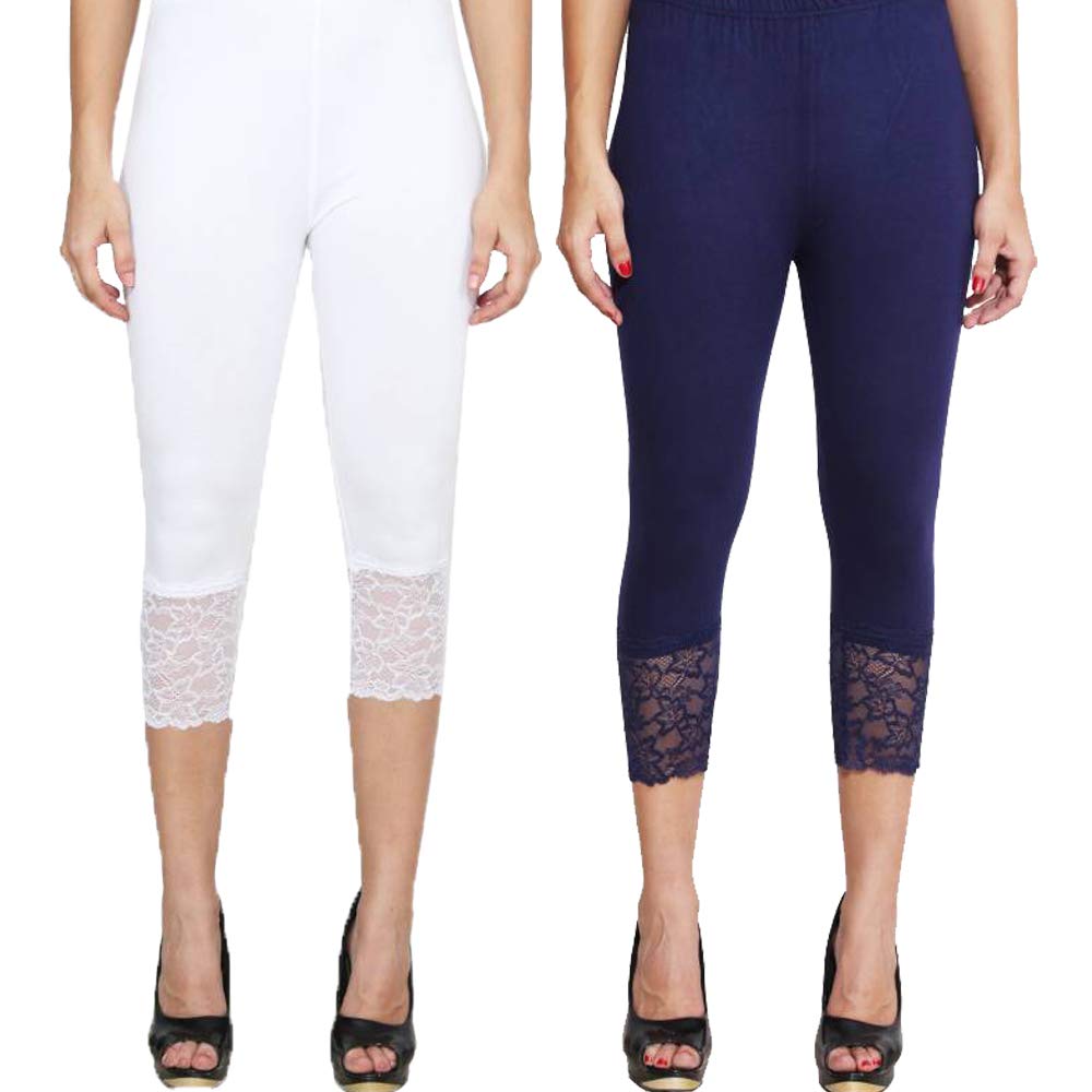 Women's Cotton Lycra Net Capri Combo (White and Navy Blue, Free Size)-image-7