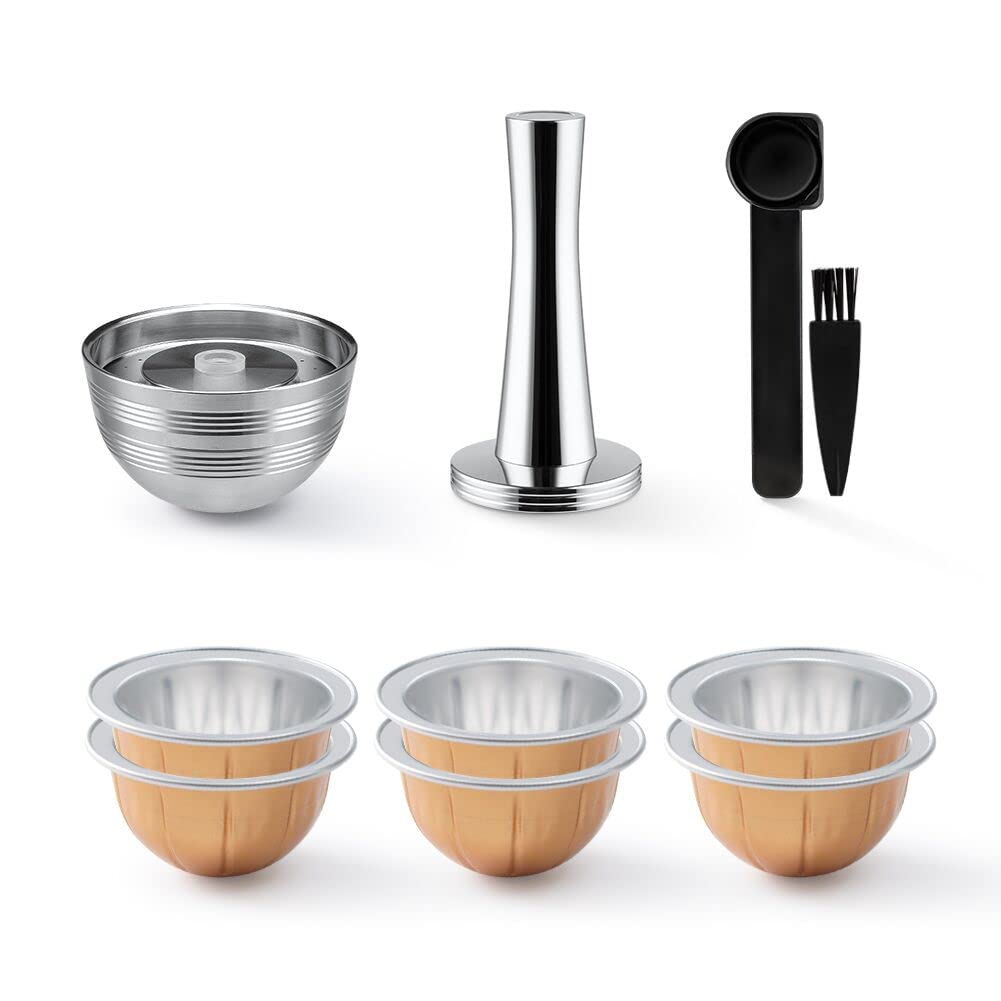 dosettes de café réutilisables en acier inoxydable uniquement compatible avec Ver tuo Next Machines Filtre à capsules de café rechargeable avec enveloppe de 6 capsules 80ml / 230ml et Tamper