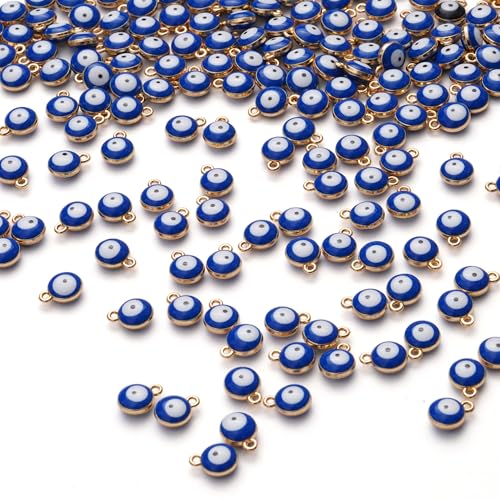 Upnedo 200 Pieces Evil Eye Charms 6MM Alloy Gold Plated DIY Craft Royal Blue Spacer Beads for Jewelry Making Single Hook Lucky Round Turkey Eye Charms for Bracelet Necklace Earrings Making Supplies