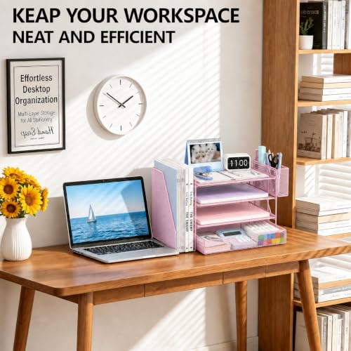 Image of OPNICE Desk Organizers and Accessories, 4-Tier Desktop File Organizer with Drawer and Pen Holders, Office Desk Accessories Workspace Organizers for Office Supplies (Soft Pink)