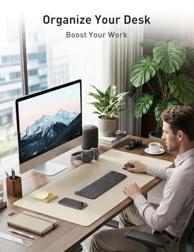 Image of Aothia Faux Leather Desk Mat - Non-Slip PU Leather Desk Blotter, Waterproof Writing Surface, Large Desk Pad for Office & Home (Beige, 55 inch x 24 inch)