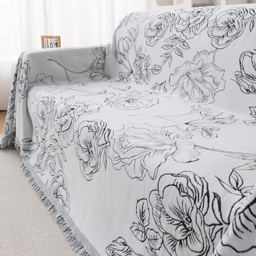 Image of HOKIPO Premium Chenille Printed Sofa Cover Throw Blanket 320 GSM for 3 Seater - All Season Use, 'Serene Abode Series' White Rose Garden (180x310 cm) (AR-6633-D1)
