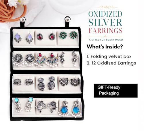 Image of FUBS Oxidized Designer Stud Earrings Set of 12 with Folding Jewelry Box | Traditional & Modern Earring Set for Women & Girls