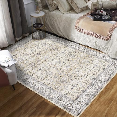 GarveeHome 5x7 Vintage Washable Rug for Living Room, Bedroom With Non-Slip Backing - Oriental Floral Distressed Carpet, Ultra-Soft Indoor Foldable Thi