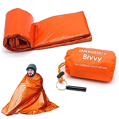 Bolsa Vivac Senderismo Portátil, Bolsa Dormir Térmica Emergencia, con Silbato Supervivencia, Equipo Supervivencia para Acampar, Senderismo, Actividades Al Aire Libre, Naranja