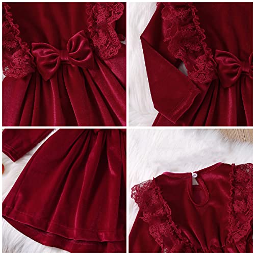 Baby Girl Velvet Fall Winter Dress 2Pcs Long Sleeve Knee Length Chritmas Dress Kids Princess Wedding Guest Special Occasion Dresses Lace Decor Birthday Thanksgiving Outfits Wine Red 9-12 Months; #TOP2