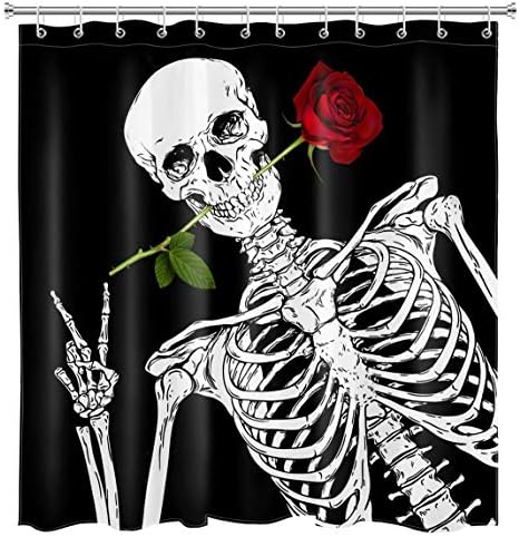 GOOSING Halloween Skull Shower Curtain for Bathroom, Black and White Funny Sugar Skeleton and Red Rose Shower Curtains 72x72 Inchs with Hooks Waterproof Fabric Holiday Bath Decor Accessories