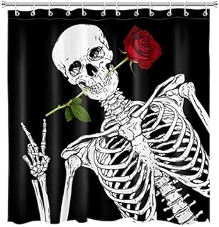 GOOSING Halloween Skull Shower Curtain for Bathroom, Black and White Funny Sugar Skeleton and Red Rose Shower Curtains 72x72 Inchs with Hooks Waterproof Fabric Holiday Bath Decor Accessories