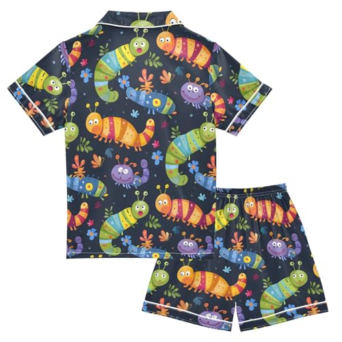 ALAZA Colored Cartoon Caterpillar Satin Pajamas Set Short Sleeve Button Down Sleepwear Summer Pjs 2 Piece2
