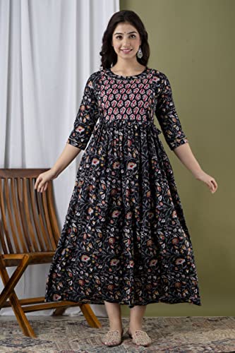 Image of Amazon Brand - Tavasya Women Botanical Floral Printed Maternity Midi Dress | Round Neck | 3 /4 Ruffle Sleeves | Concealed Feeding Zip | Gathered Tiered Nursing Dress