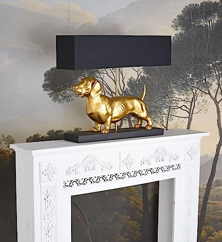 PALAZZO INT Tischlampe „Villa Dachshund“ – Dackel Lampe in Gold mit Stoffschirm | Design-Tischleuchte mit Hundefigur | Handbemalt | E27-Fassung max. 60W | 60 cm breit
