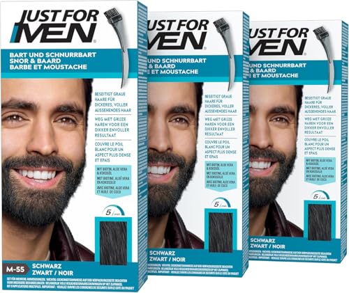 Just For Men Barbe & Moustache, coloration Barbe Homme, Naturel, Sans Ammoniaque, Élimine les Poils Gris, Avec Peigne Applicateur, Couleur Noir M55 - (3 pack)