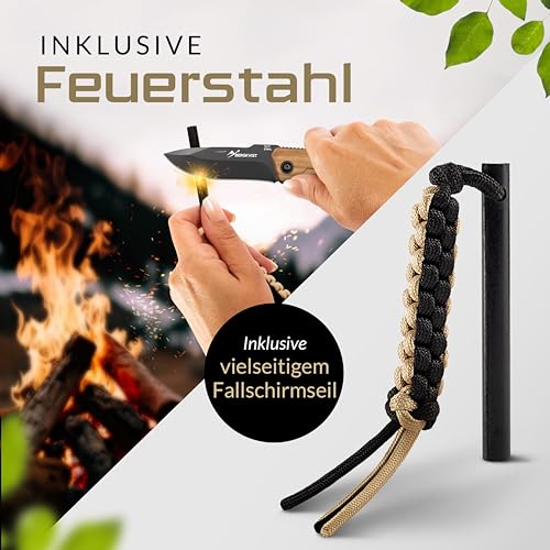 BERGKVIST® K10 Klappmesser (Zweihandmesser) - scharfes Taschenmesser für Outdoor & Survival mit Feuerstahl & Tasche - Mitführen in Deutschland erlaubt - Griff aus Olivenholz