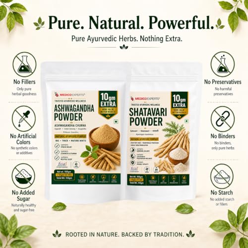 Image of Ashwagandha Shatavari Powder Combo (110g x 2 Pouches) - 110g Each | Big, Thick, Mature Root Churna | Pure & Natural Ayurvedic Herbs | FSSAI Licensed, Lab Tested