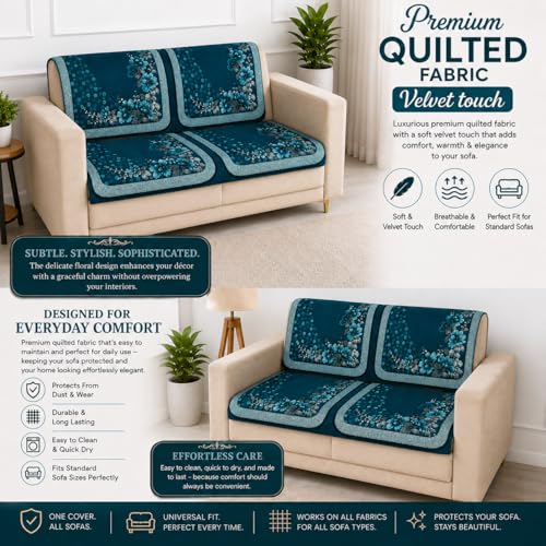 Image of Homerz 'Brooklyn Series' Premium Sofa Cover | Quilted Floral Design | Non-Slip Washable Sofa Protector | Soft Anti Slip Fabric (Teal, 2 Seater, Seat Cover with Backrest)