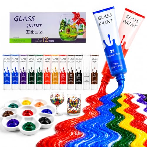 Artist-Grade Acrylic Glass Paint Stained Transparent Glass Window Paint Set Great for Glass Painting Wine Glasses Light Bulbs Ceramic Non-Toxic Waterproof Acrylic Enamel Paint Kit for Christmas Art Decor(12 Colors/5.04Oz)